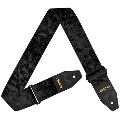 AMUMU Velvet Deluxe Guitar Strap β Black Crystal Velvet with Top Grain Leather Ends, 2" Wide, Adjustable for Acoustic, Electric & Bass Guitars VL-LUX-BLK-R
